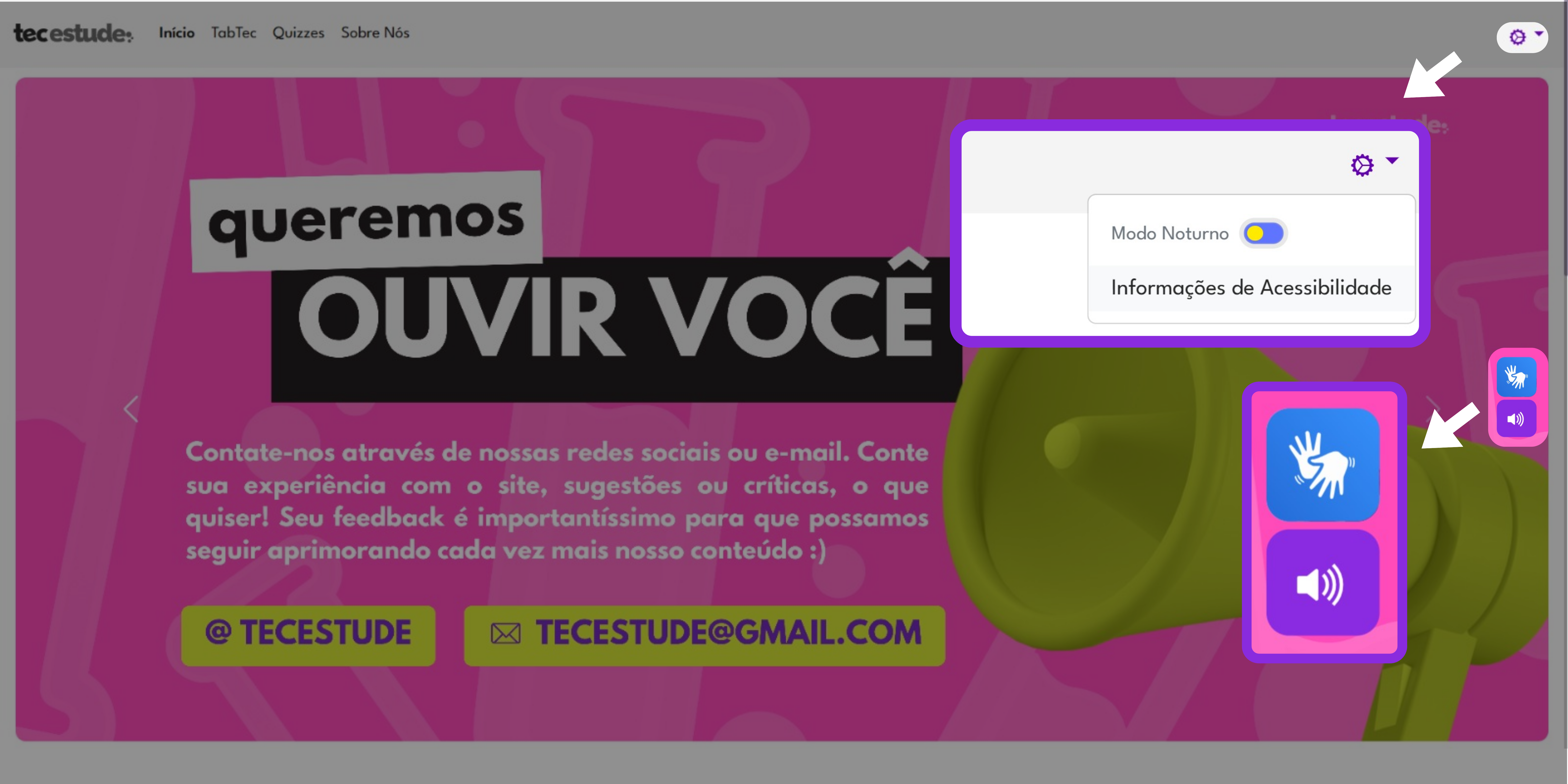 Imagem mostrando onde estão localizados os botões de acessibilidade do site Tec Estude